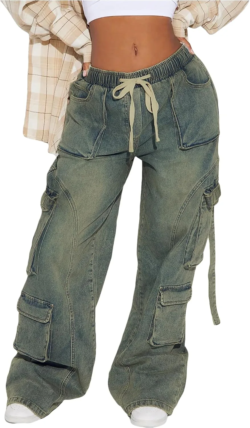 

Женские карго джинсы прямые широкие distressed с карманами Lymeral
