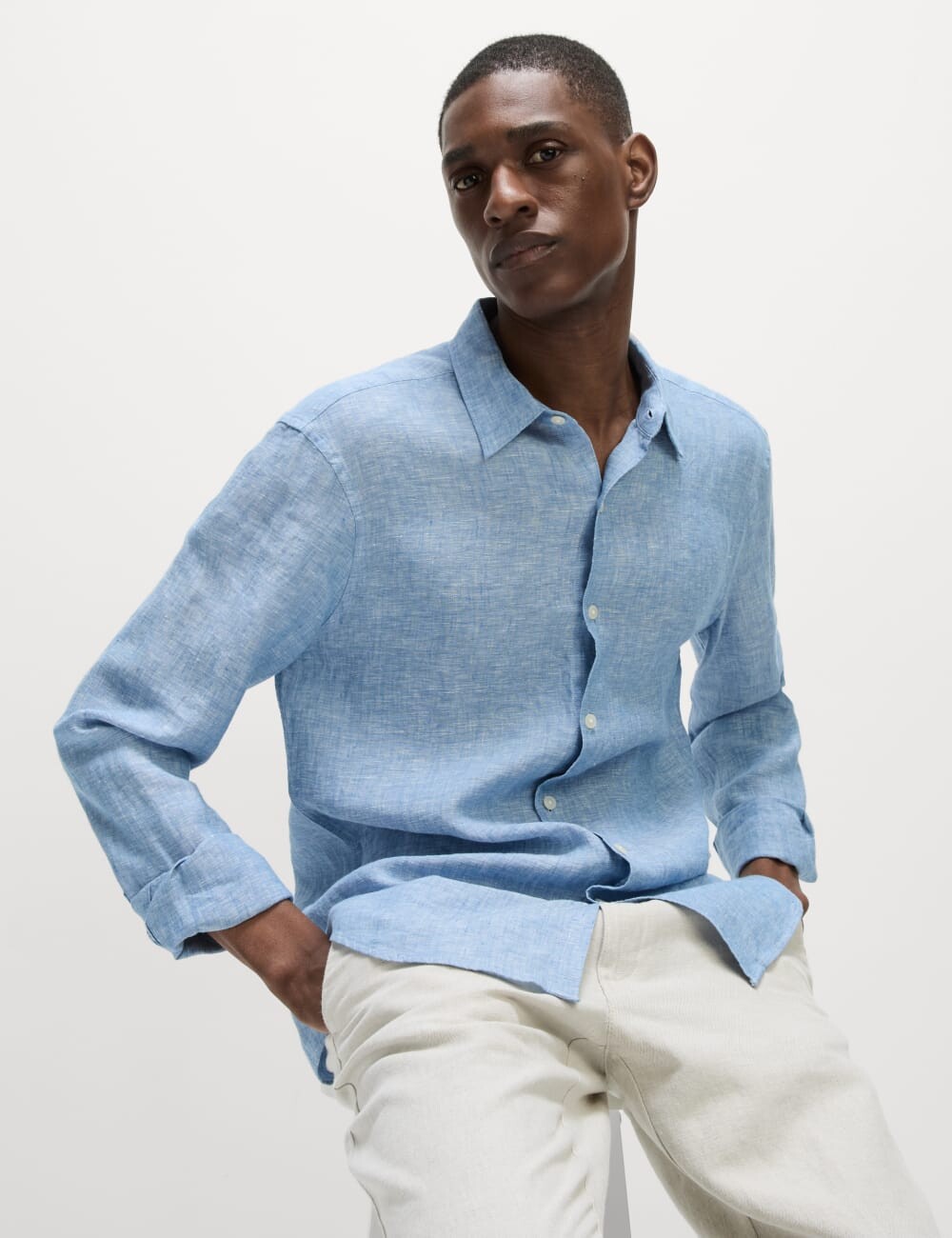 

Рубашка из чистого льна Slim Fit Easy Iron Marks & Spencer, цвет Chambray