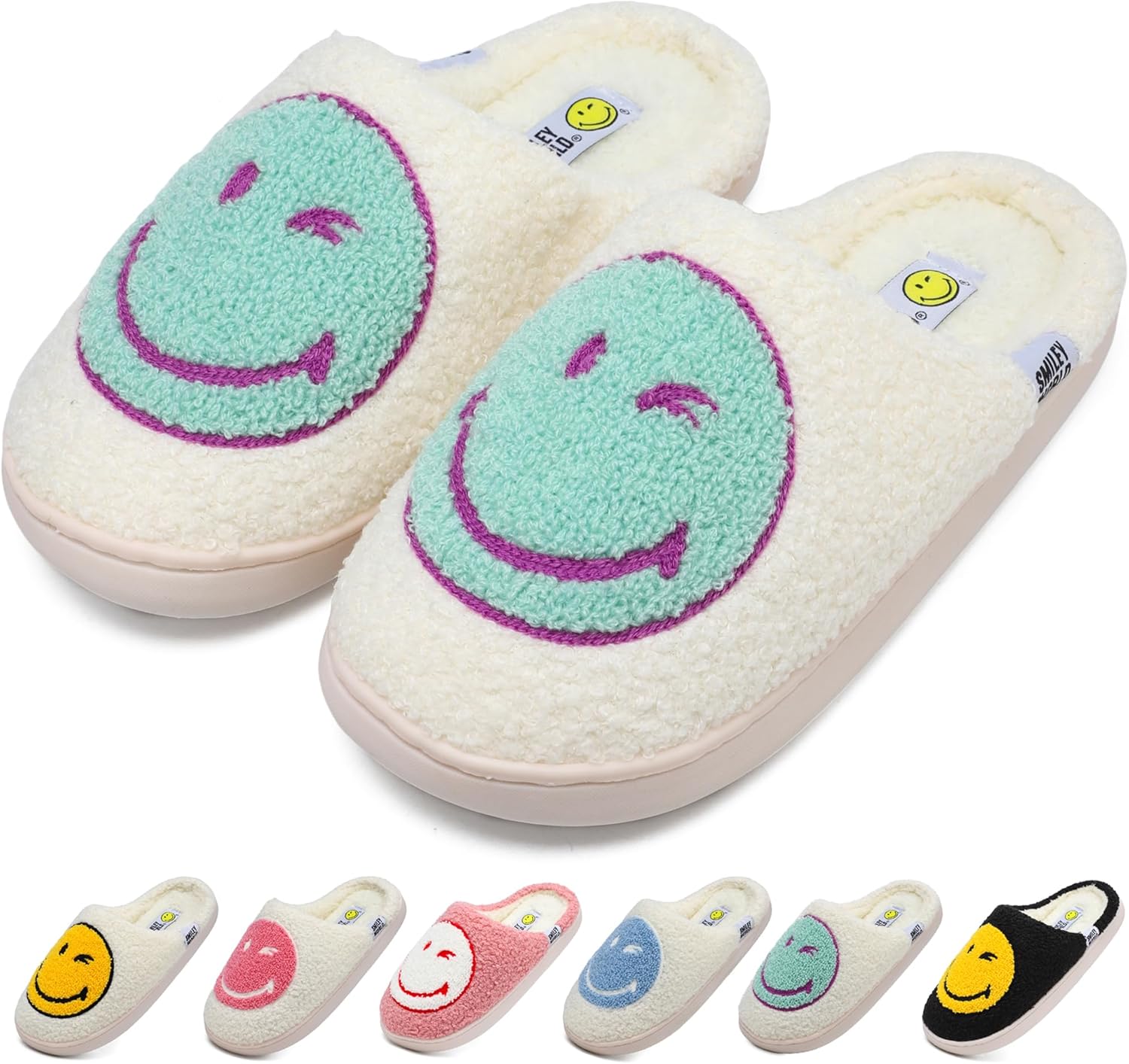 

Тапочки Wpecgoo с улыбающимся лицом для женщин и мужчин, мягкие плюшевые домашние тапочки, ретро-стиль, удобные слипоны, теплые зимние тапочки с эффектом памяти, пушистые для дома и улицы, белый/зеленый
