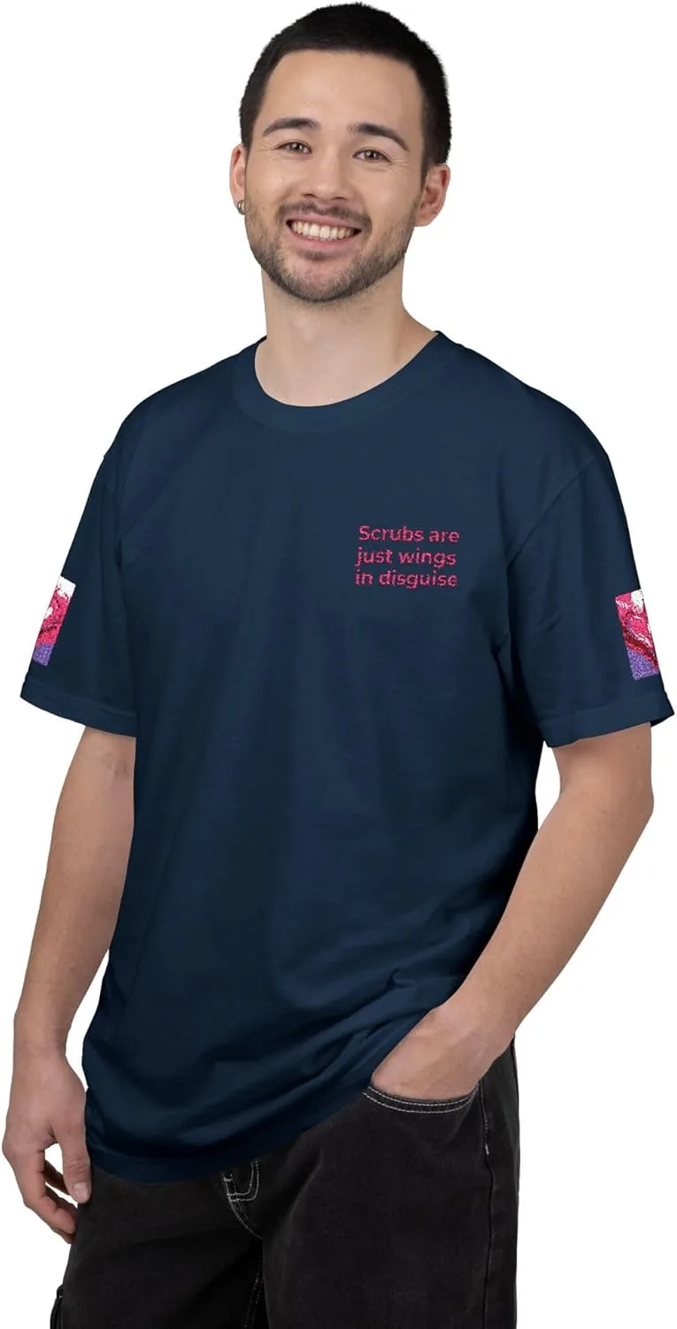 Футболка с принтом "Scrubs are Just Wings in Disguise" | Медицинский юмор для медсестер, с цветочным акцентом на рукаве — фото 2