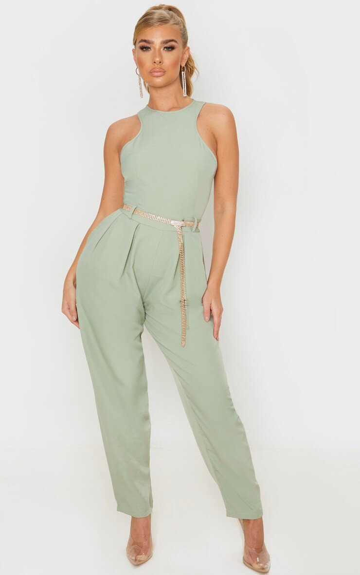

PrettyLittleThing Зеленый комбинезон Racer с задним карманом Sage