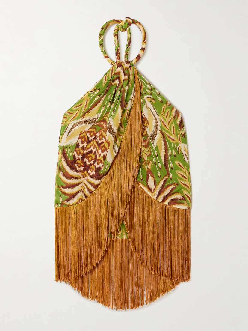 

Атласный топ с бахромой и принтом на шее Farm Rio, желтый