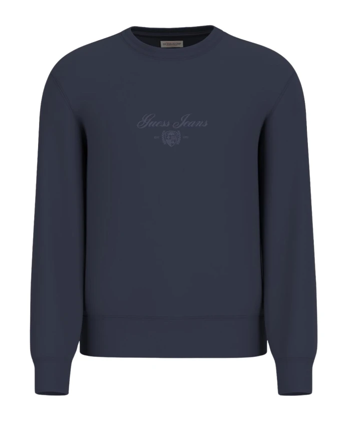 

Синий вязаный свитер облегающего кроя с круглым вырезом и надписью. Guess, синий