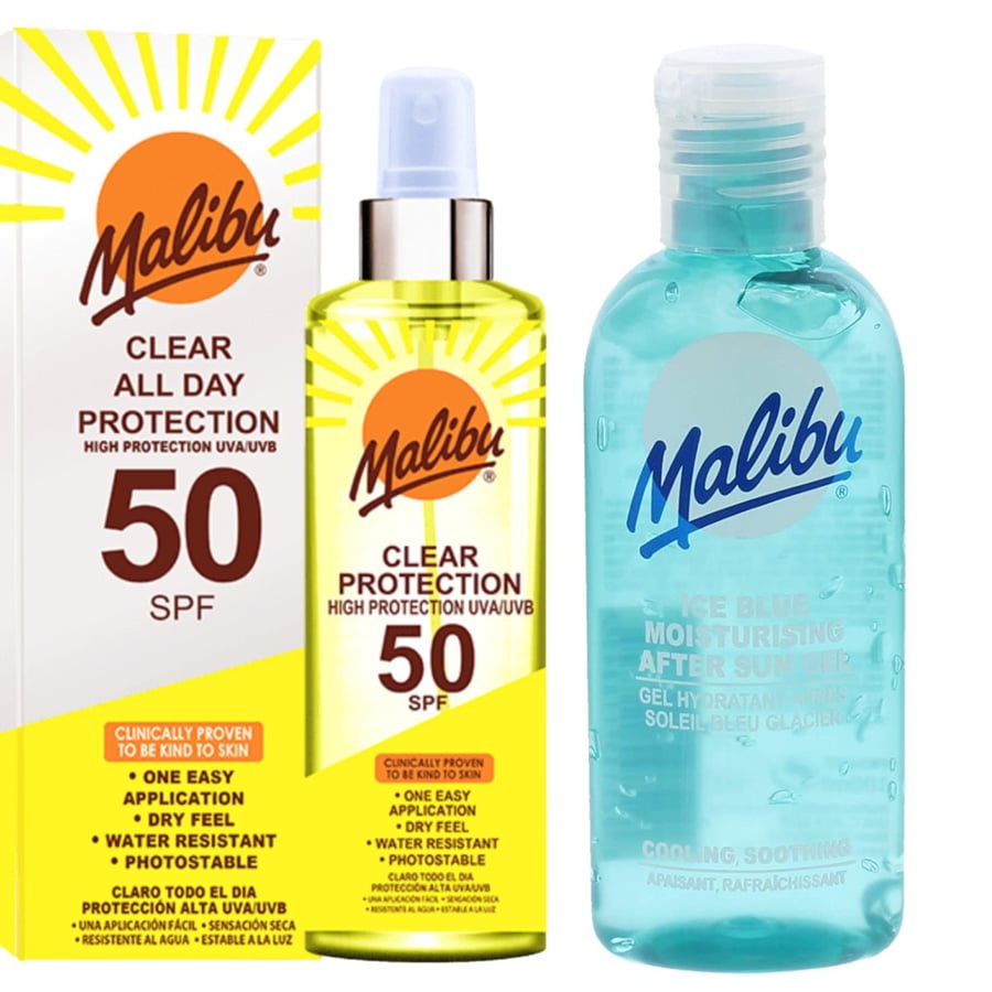 

Бесцветный защитный спрей Malibu SPF50 250 мл + Гель после загара 100 мл