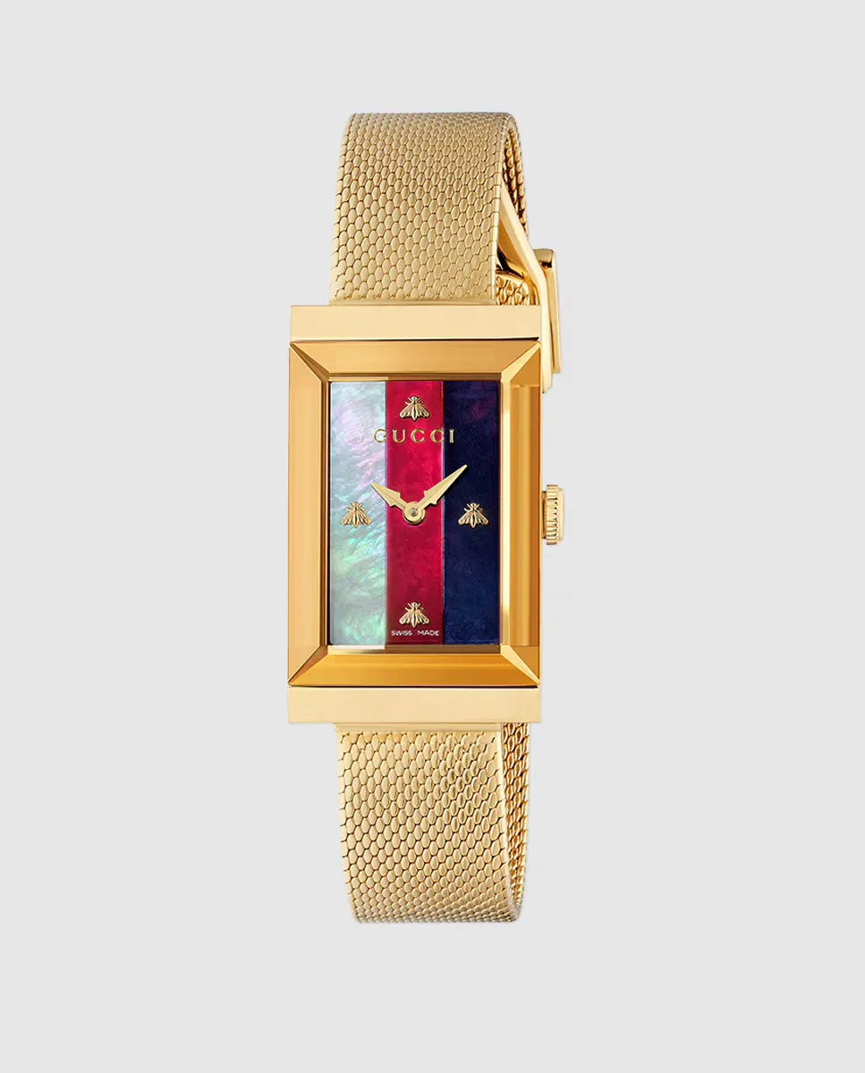 

Gucci G-Frame YA147410 Женские часы с золотой стальной сеткой, золотой