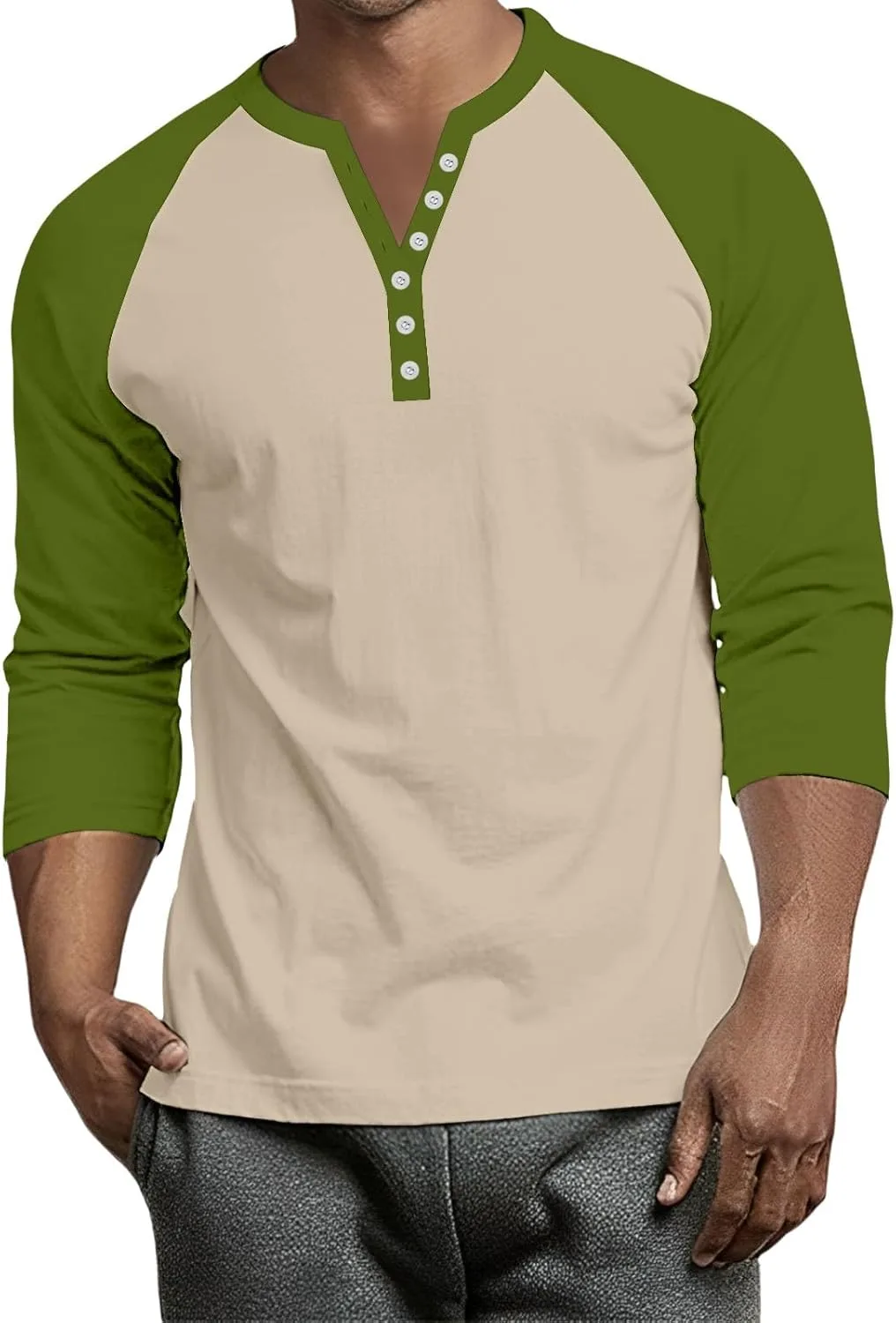 

Мужская летняя хенли футболка с реглан рукавом 3/4 HUTJDHA