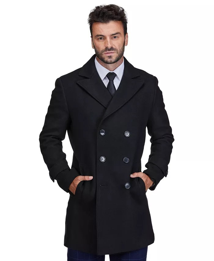 

Мужское двубортное пальто из шерстяной смеси Pea Coat Dress Peacoat Braveman, черный