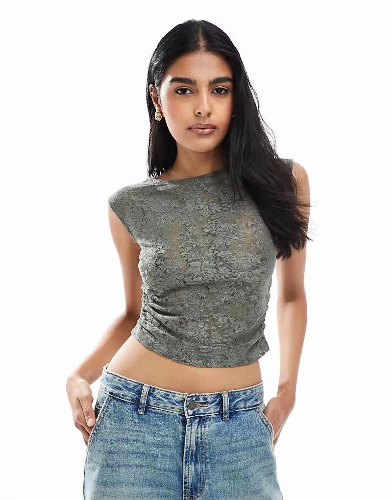 

Топ Pull&Bear floral textured ruched side top in khaki