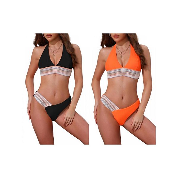 

2 комплекта женского бикини с цветными волнообразными полосками, 2 предмета: топ-халтер и низ v-образной формы Inspire Chic, Black Orange