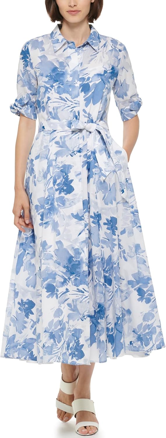 

Женское хлопковое платье-рубашка Calvin Klein с короткими рукавами и завязкой, Chmbray Multi