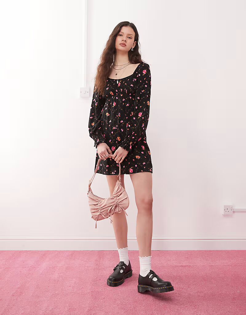 

Платье-мини Miss Selfridge с длинными рукавами и мелким цветочным принтом