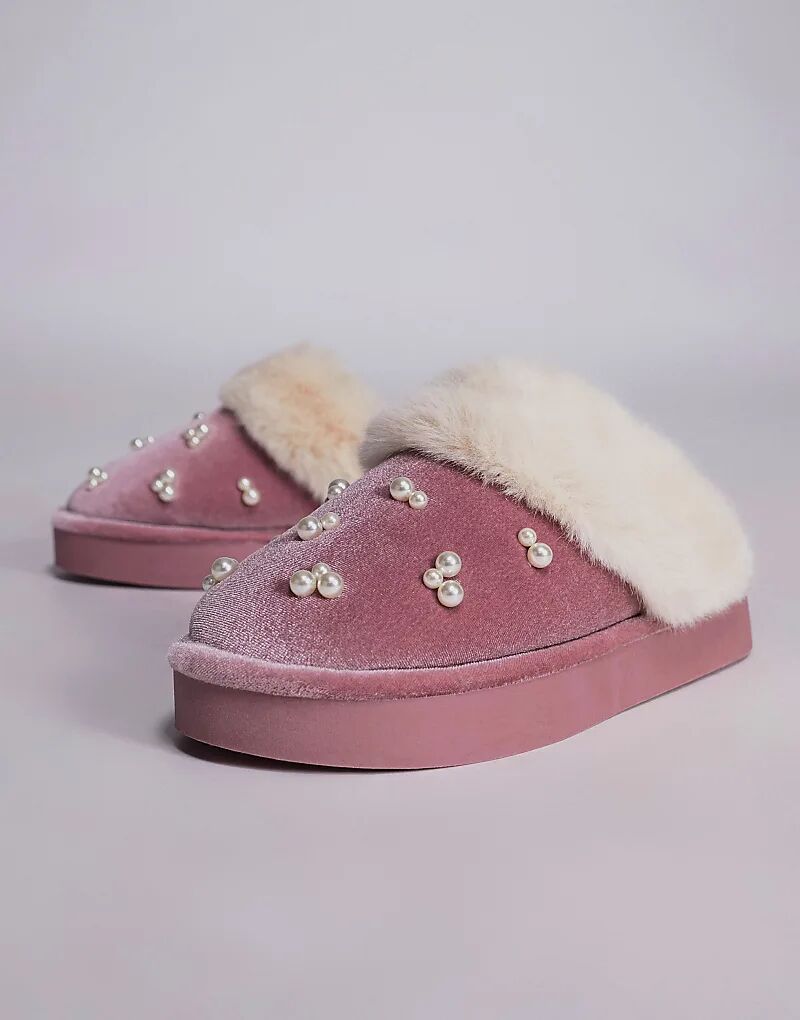 Бархатные тапочки River Island с подкладкой из искусственного меха светло-розового цвета — фото 2