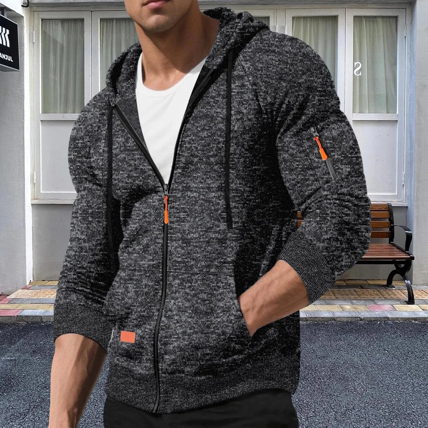 Толстовка с капюшоном на молнии мужская, Long Sleeve, Loose Fit, с карманом — фото 2