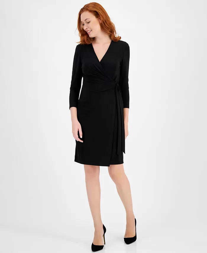 

Женское платье с принтом и рукавом 3/4 на запах Anne Klein, черный