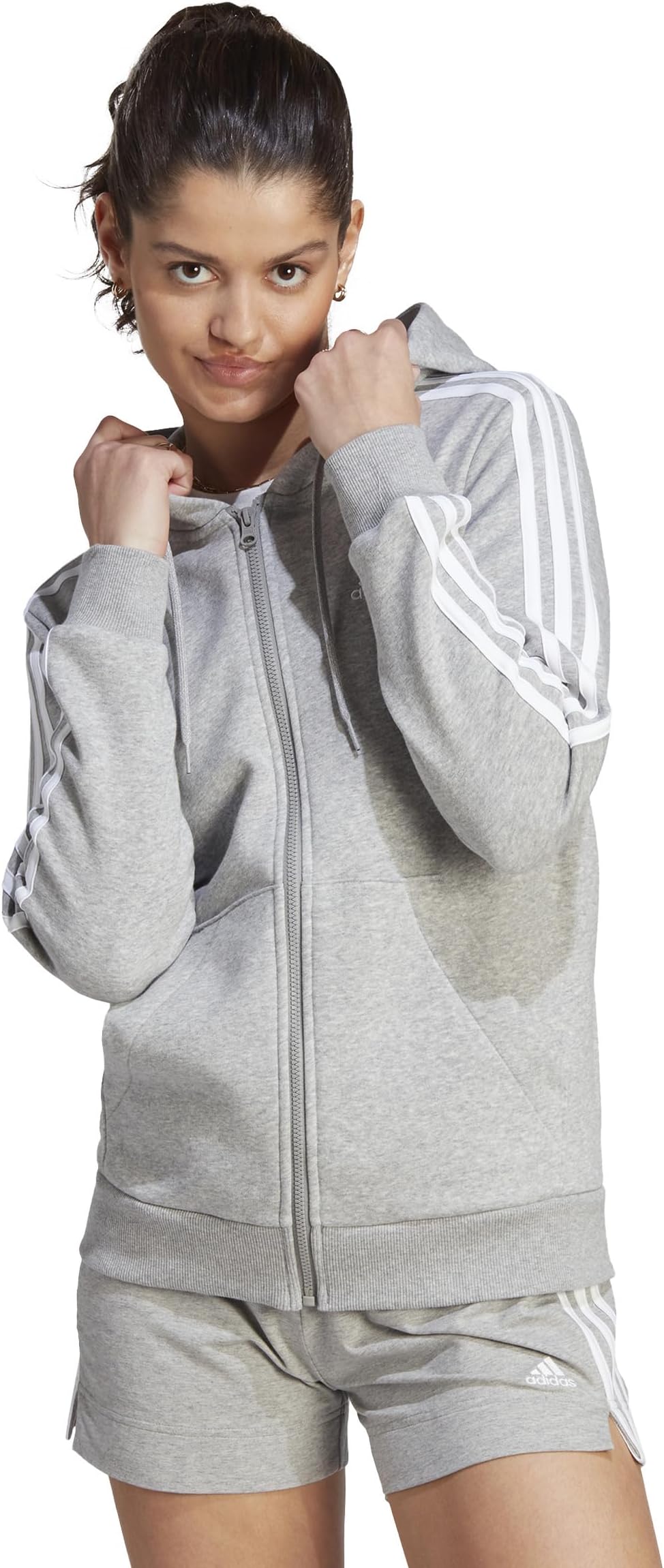 

Худи Adidas 3-Stripes Fleece Full Zip Hoodie, цвет Medium Grey Heather/White 1