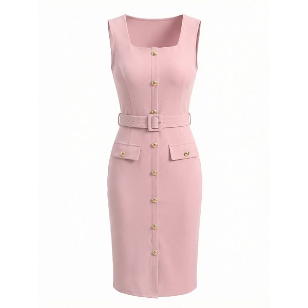 

Рабочее платье для женщин без рукавов с квадратным вырезом, поясом и приталенным силуэтом миди Inspire Chic