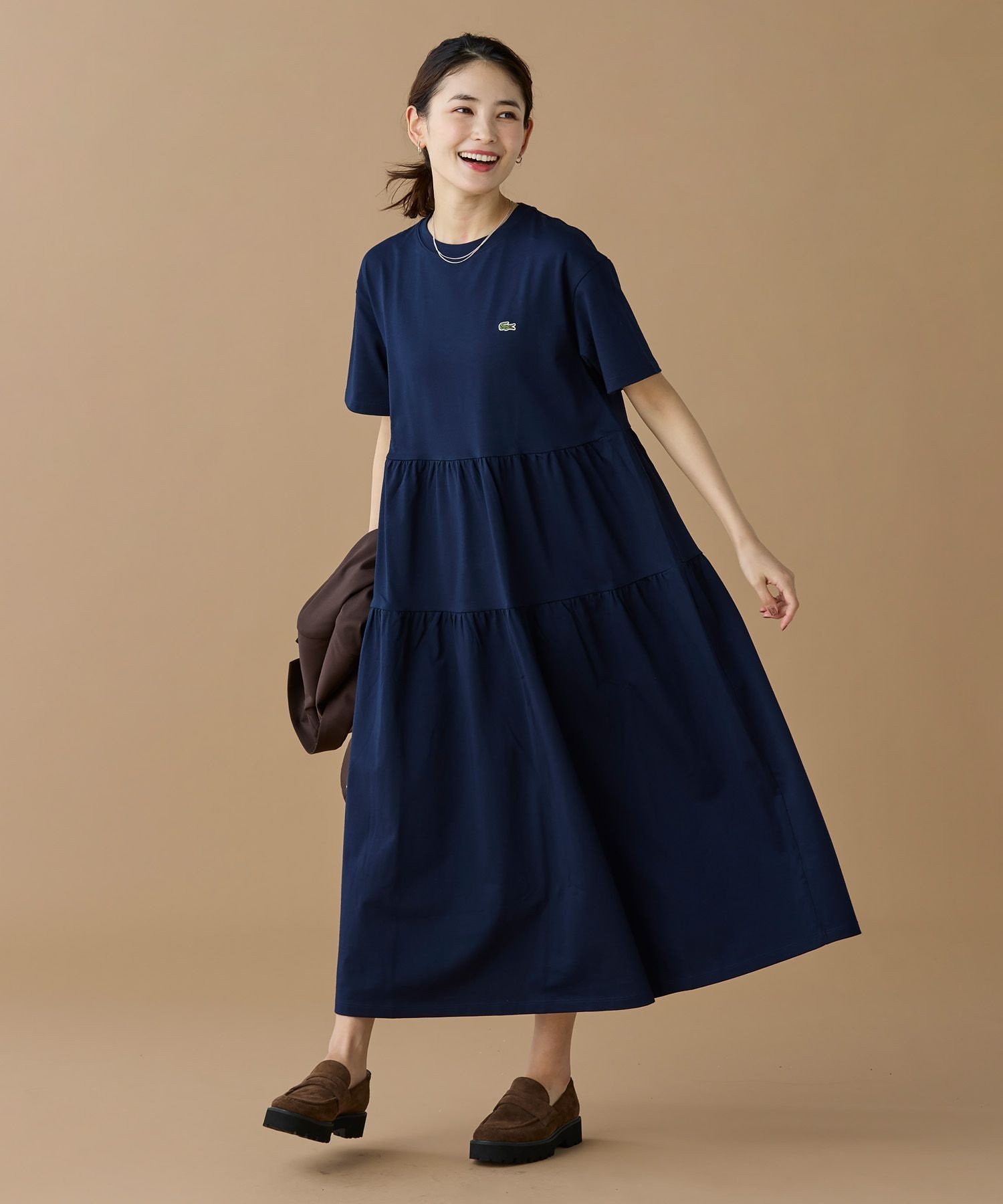 Платье LACOSTE макси, многослойное, хлопок, Navy — фото 3