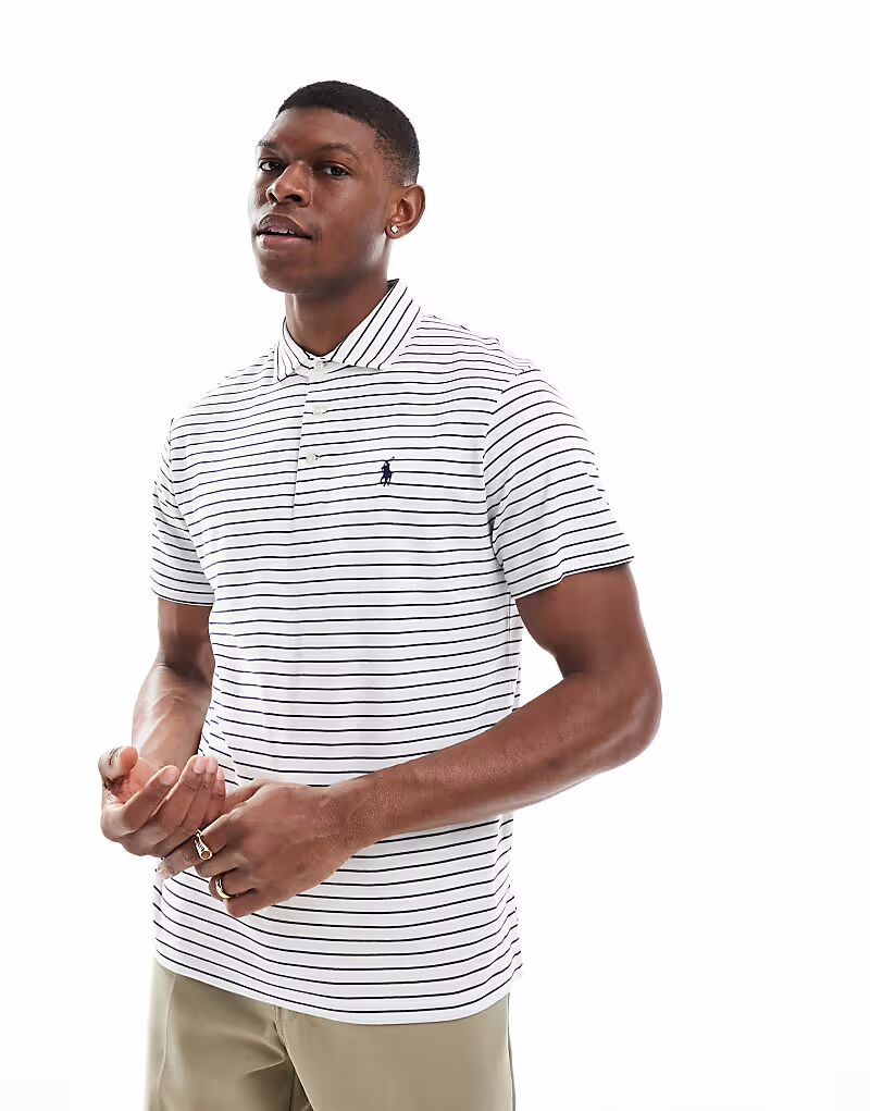 

Поло Polo Ralph Lauren с логотипом и полосками из пима-хлопка, индивидуальная посадка, белый/темно-синий