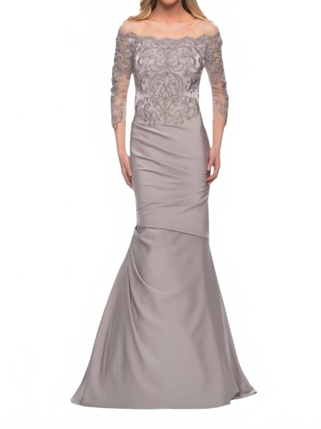 

Серебряное атласное платье-русалка с кружевным корсетом на бретелях La Femme