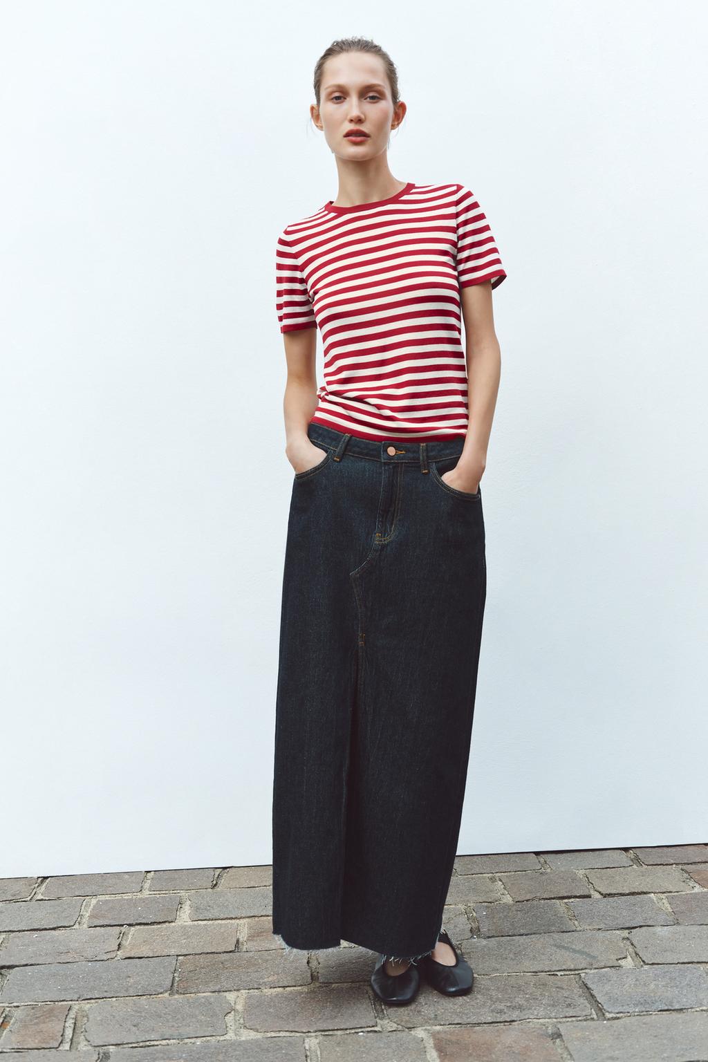 

Вязаный топ в полоску с коротким рукавом ZARA, цвет Ecru/Red