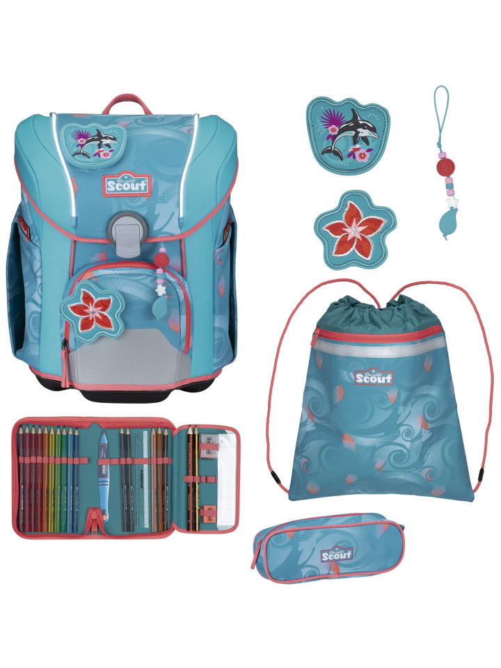 

Scout Набор из 4 предметов: школьный рюкзак с микросветильником и защитным фонариком, цвет Aloha, синий