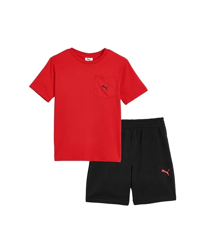 Детский комплект футболка с карманом и шорты Pocket T-shirt & Fleece Short Set PUMA Kids, Blue Jewel/Fierce Red