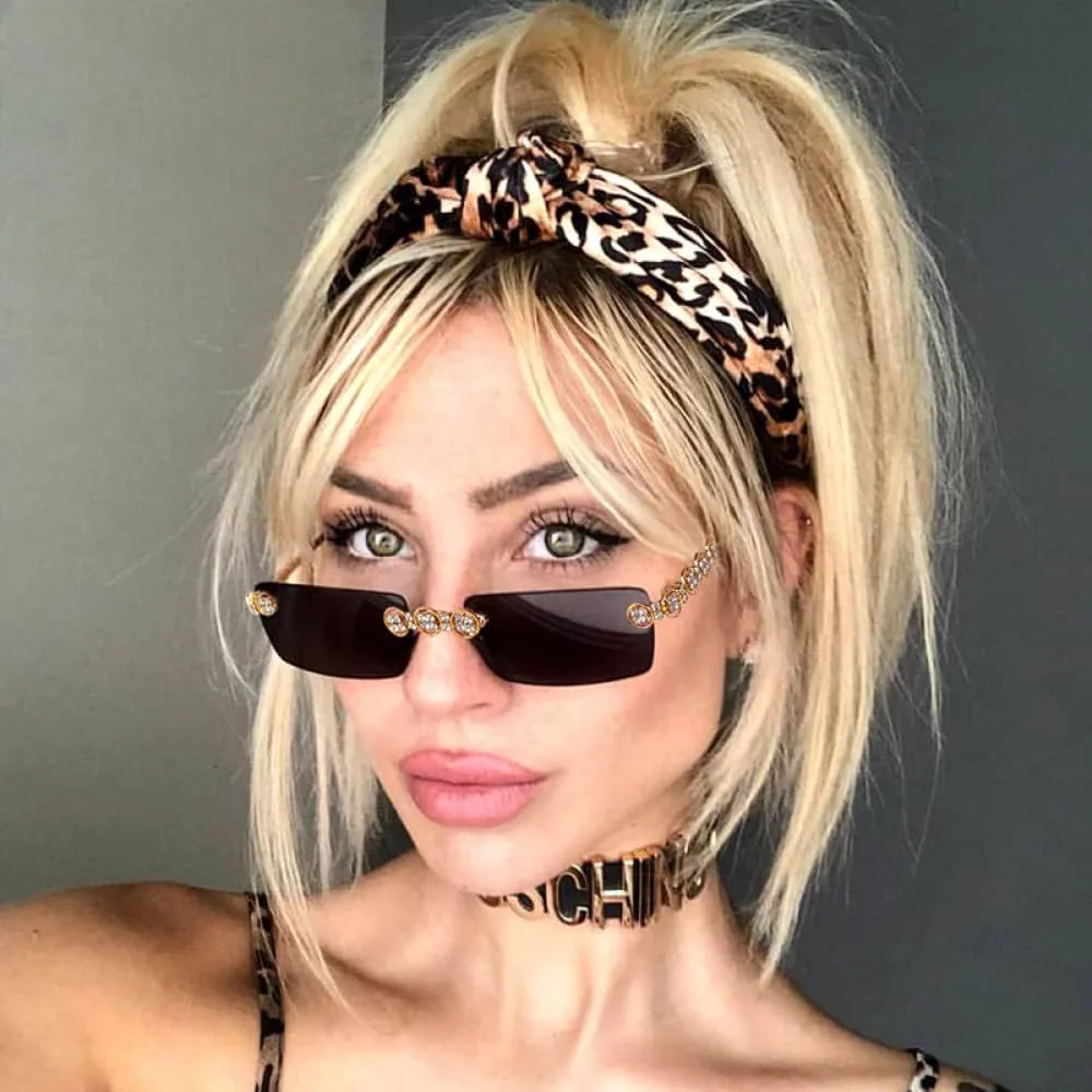 

Женские солнцезащитные очки без оправы, прямоугольные, в стиле стимпанк, с кристаллами, винтажные, со стразами, защита от ультрафиолета UV400 generic, 12