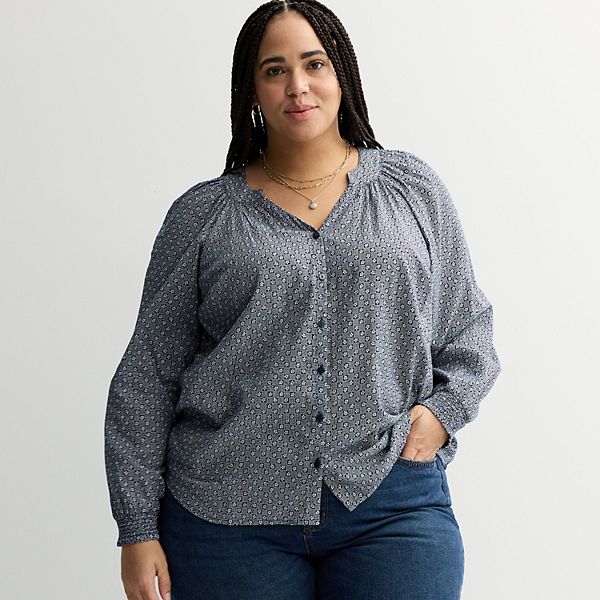 

Топ с V-образным вырезом и застежкой на пуговицы, с длинными рукавами, plus size Sonoma Goods For Life, Navy Floral Check