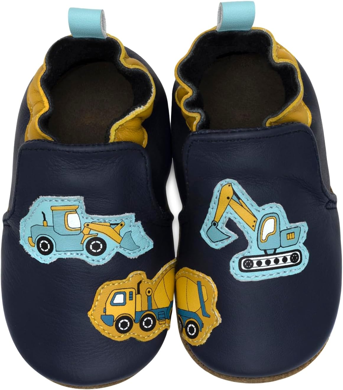 

Пинетки Robeez для мальчиков и мягкие обувь с противоскользящей подошвой для кроватки, тапочки-мокасины для младенцев и малышей, 0-24 месяца, Build Your Dreams Construction Navy Leather