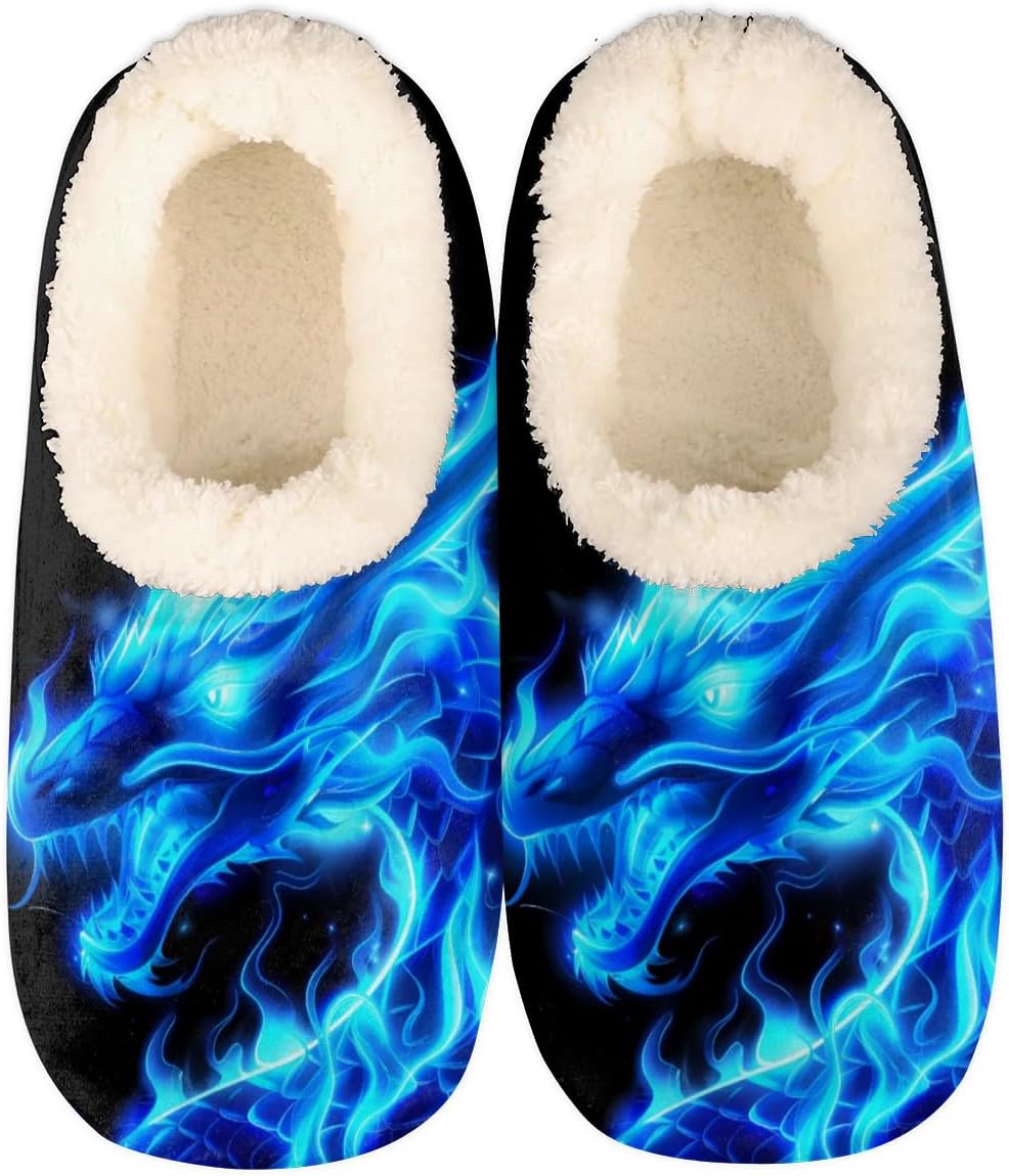 

Домашние тапочки с синим огненным китайским драконом для женщин и мужчин, мягкие плюшевые тапочки-чулки с изображением дракона, теплые, уютные, с нескользящей подошвой Yppahhhh