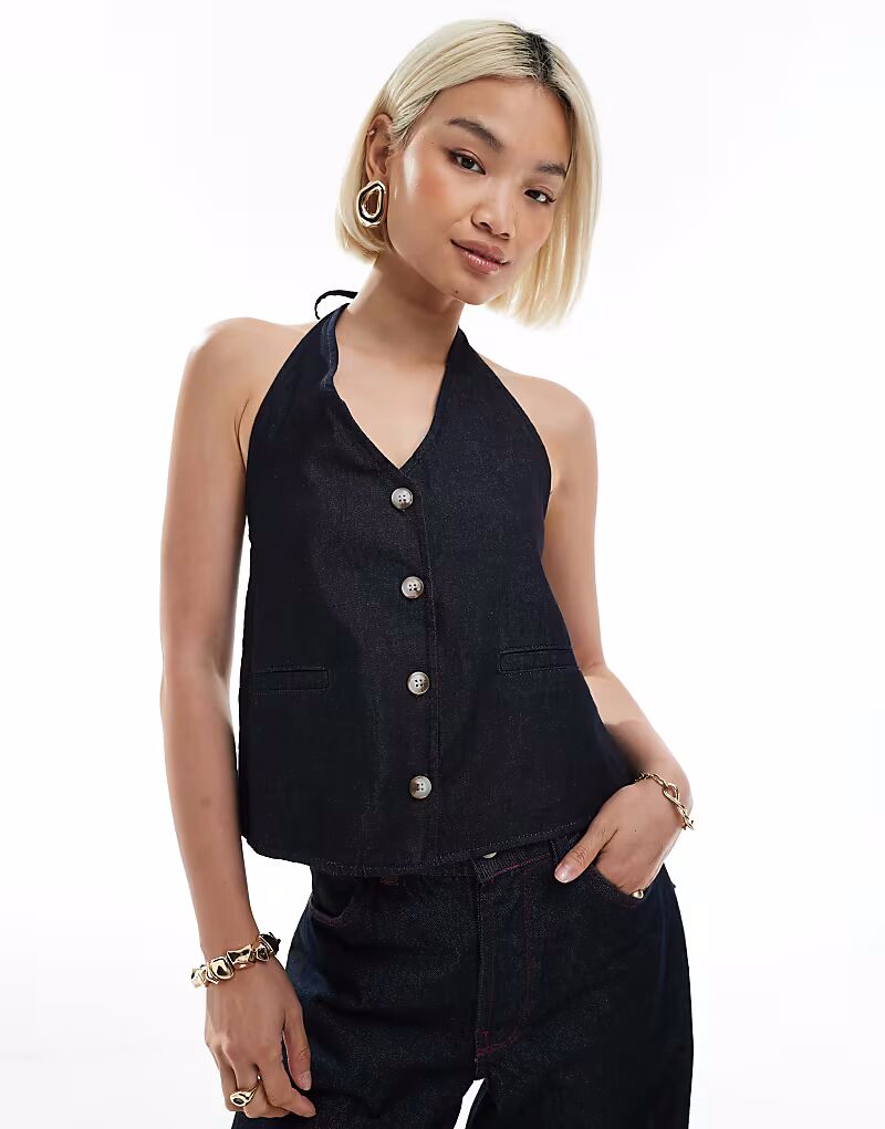 

Джинсовый топ ASOS DESIGN с халтер-воротником и открытой спиной темно-синего цвета