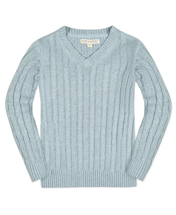 

Детский свитер с длинными рукавами, тонкой вязкой и V-образным вырезом, из органического хлопка - для малышей, детей постарше. Hope & Henry, синий