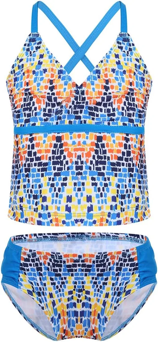 Детский купальник YiZYiF Big Girl's Youth Tie-Dye Tankini Halter 2 Piece Bathi Suit, Colorful Aqua