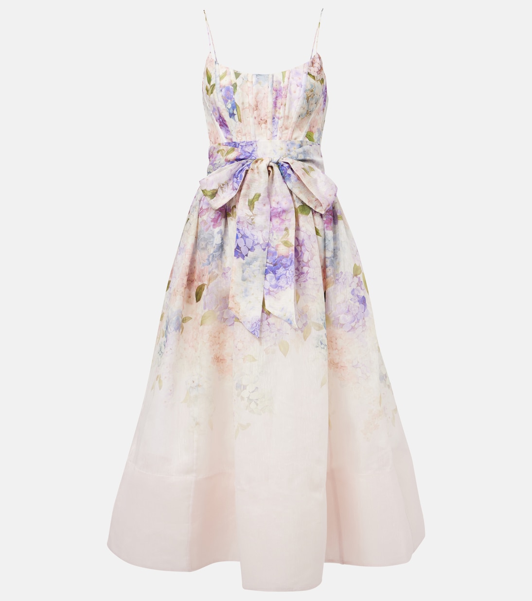 

Рассветное платье-корсет из шелка и льна с цветочным принтом Zimmermann, Multi Hydrangea
