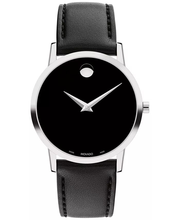 

Женские часы Swiss Museum с классическим черным кожаным ремешком, 33 мм Movado, серебро