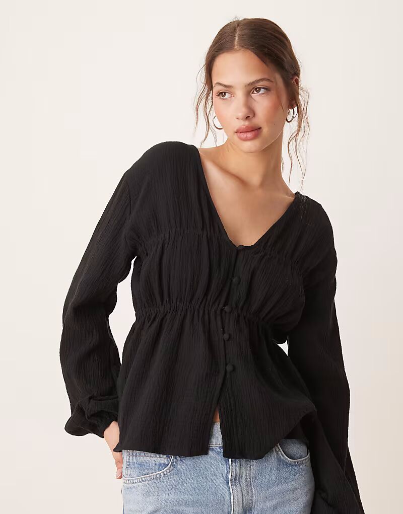 

Топ ASOS DESIGN с длинными рукавами и пуговицами спереди, черный