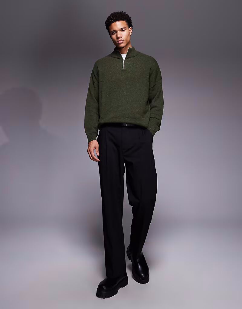 

Свободный трикотажный джемпер из овечьей шерсти с застежкой-молнией на половину длины, цвет хаки Asos Design