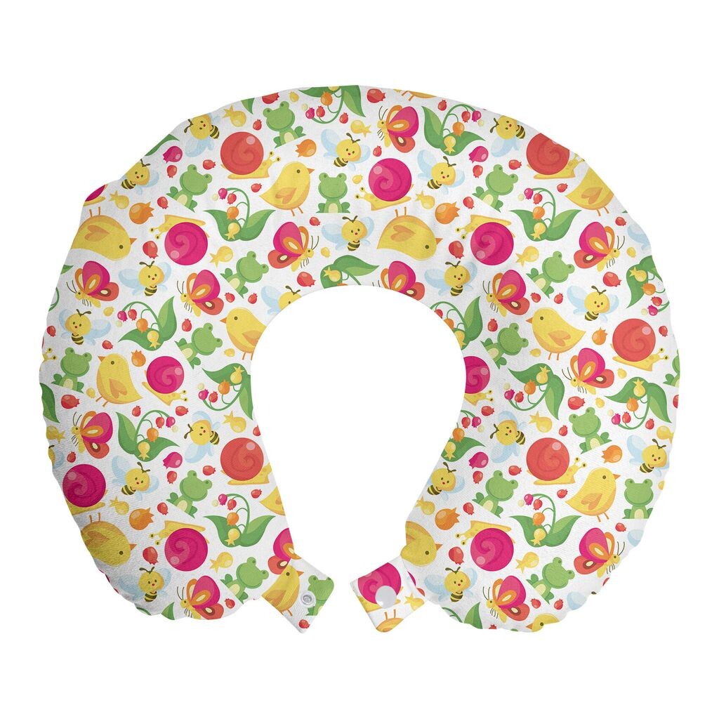

ABAKUHAUS Детская подушка для путешествий, поддержка шеи, весенняя тема, искусство существ, пенопластовые дорожные принадлежности для самолета и автомобиля, 30x30 см, белый и разноцветный