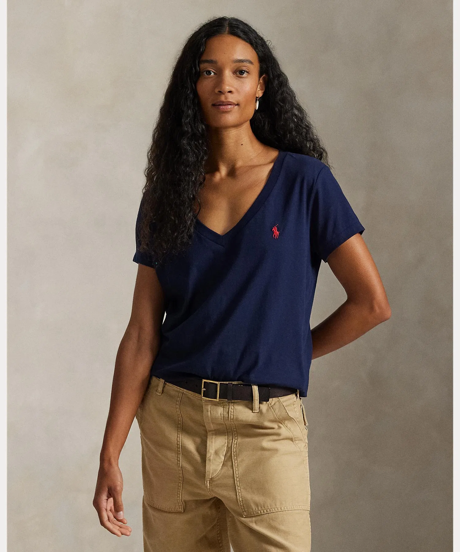Женская хлопковая футболка с V-образным вырезом POLO RALPH LAUREN тёмно-синяя