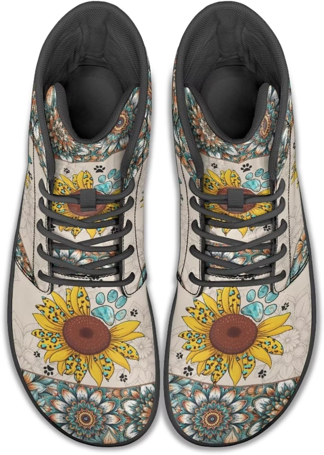 Женские кроссовки JoyLamoria Skull Rose Butterfly высокие, с модными шнурками, для прогулок и тенниса, кожаные, хип-хоп стиль, кроссовки, Sunflower Retro Mandala — фото 2