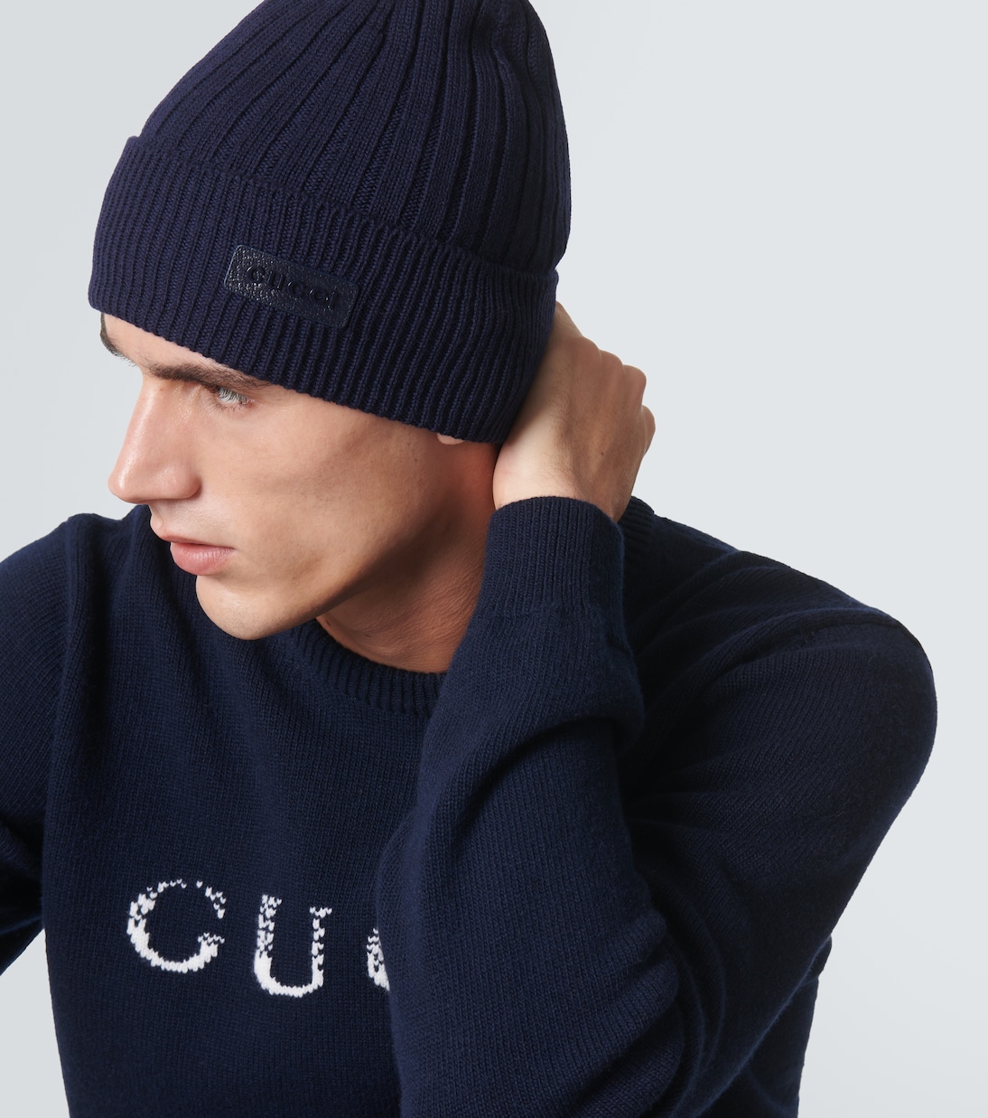 Рельефная вязаная шерстяная шапка Gucci, Midnight Blue — фото 3