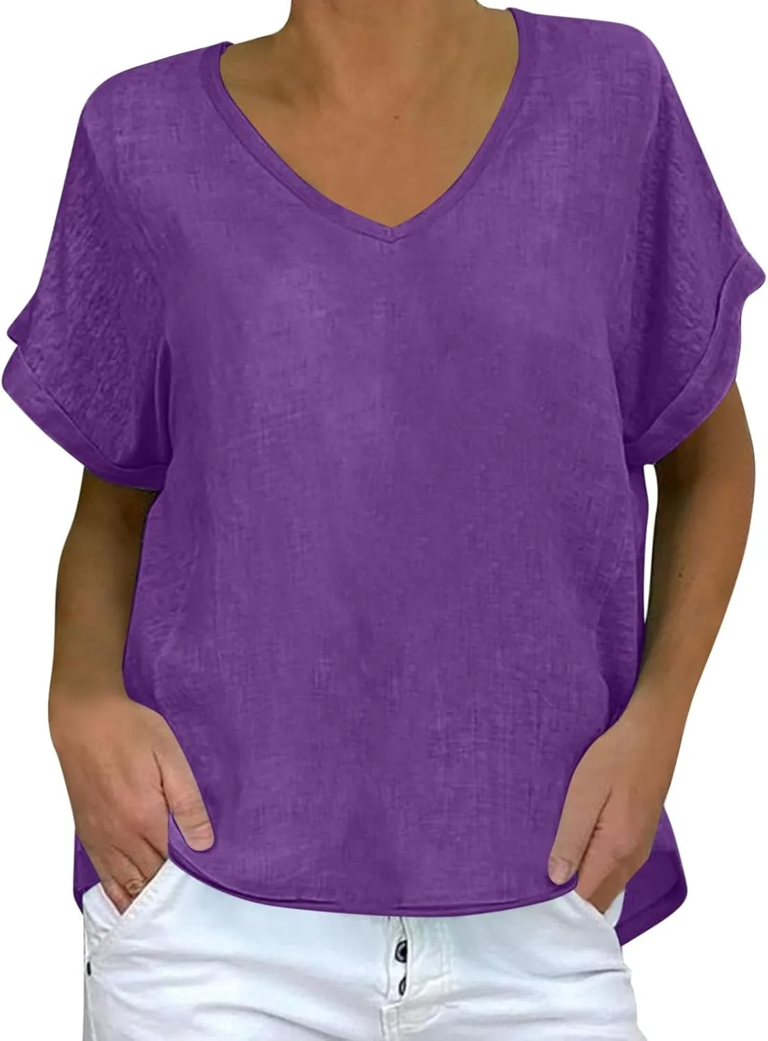 

GOKKILRW Женская хлопковая льняная футболка с коротким рукавом и V-образным вырезом