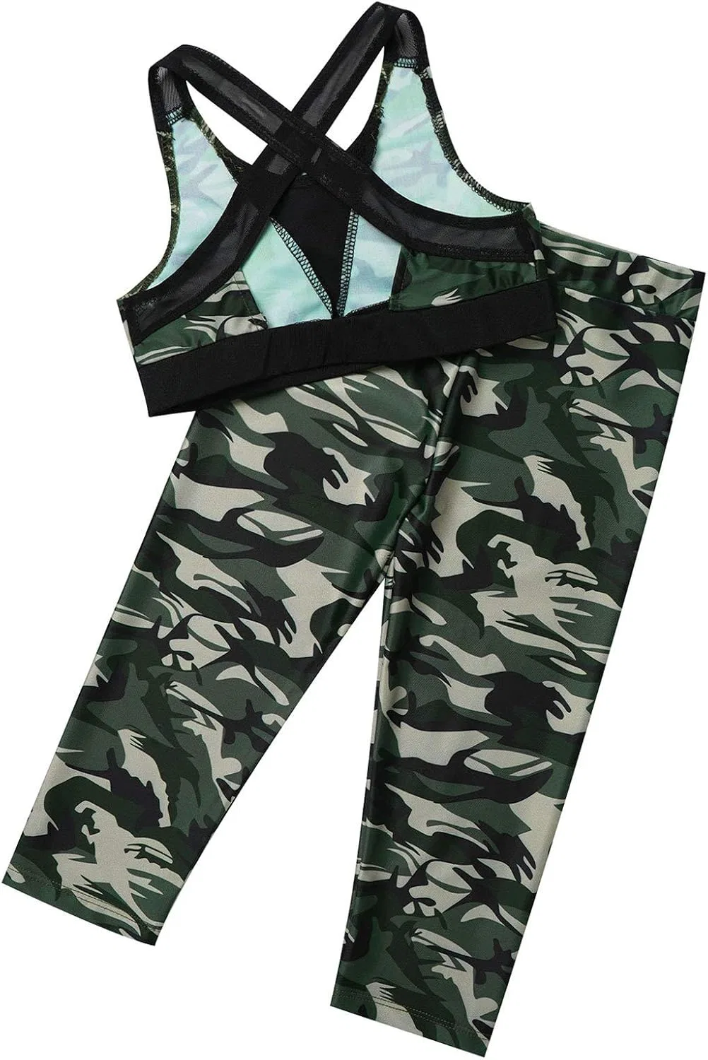 Детский спортивный костюм с камуфляжным принтом YEAHDOR, топ и капри, Camouflage Green — фото 4
