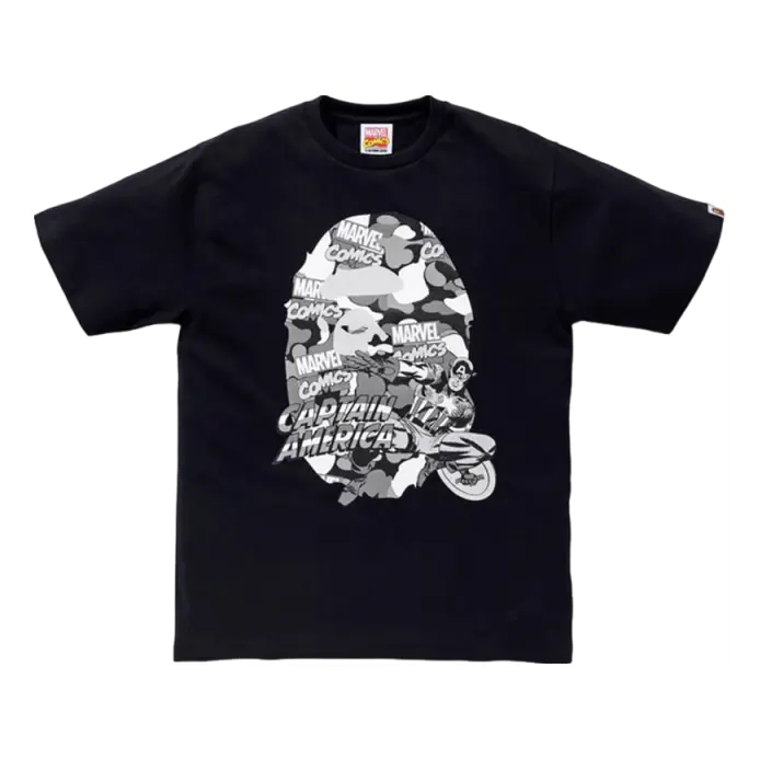 

Футболка A Bathing Ape x Marvel Comics в камуфляжной расцветке "Капитан Америка" 'Black'