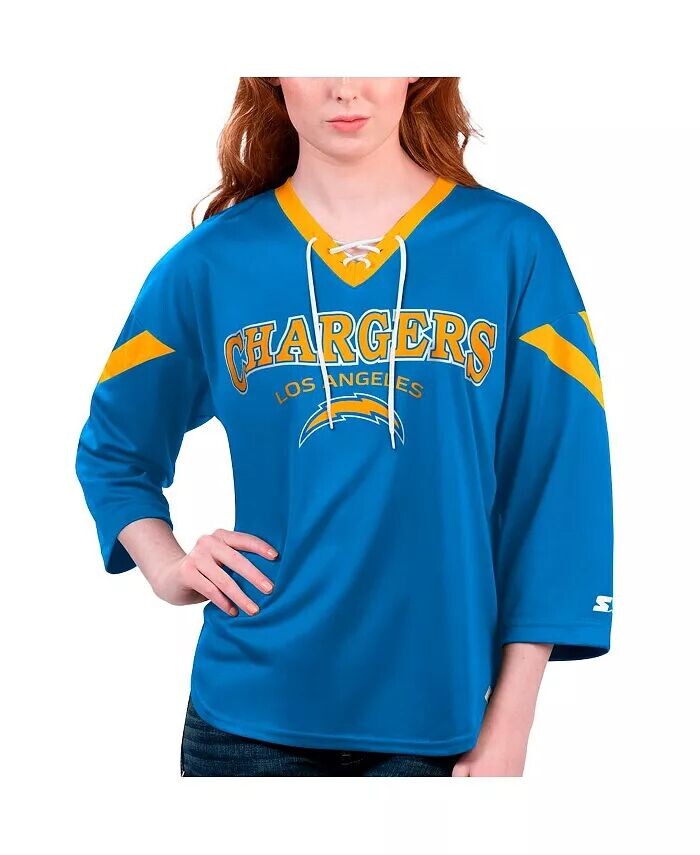 

Женская футболка Los Angeles Chargers Rally цвета Powder Blue со шнуровкой и рукавом 3/4 Starter