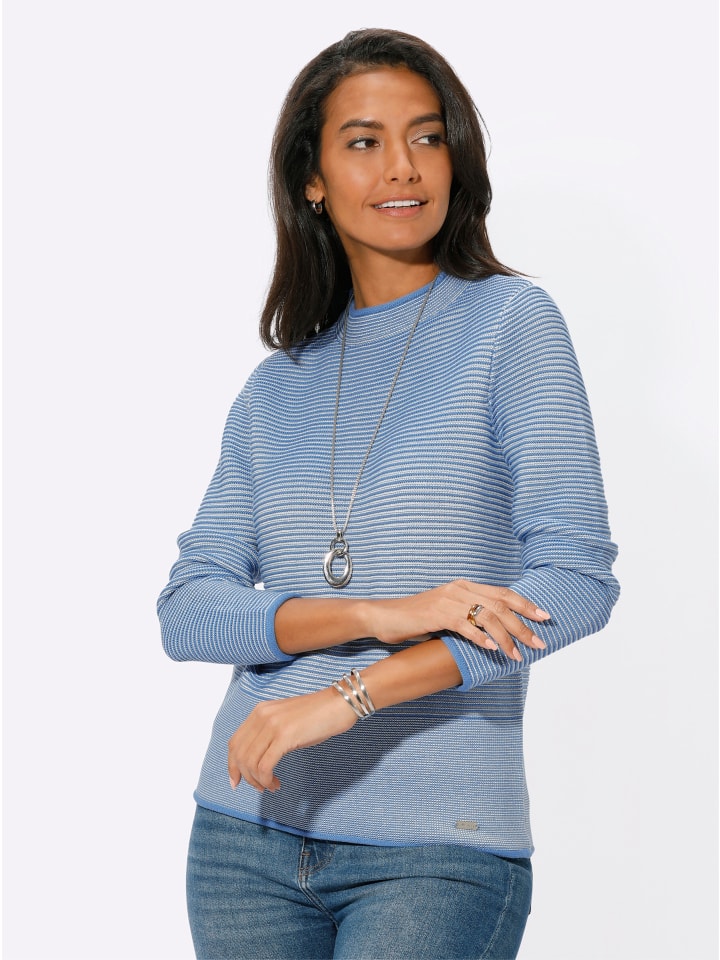 

Свитер с воротником-стойкой в сине-бежевую полоску средней ширины WITT WEIDEN