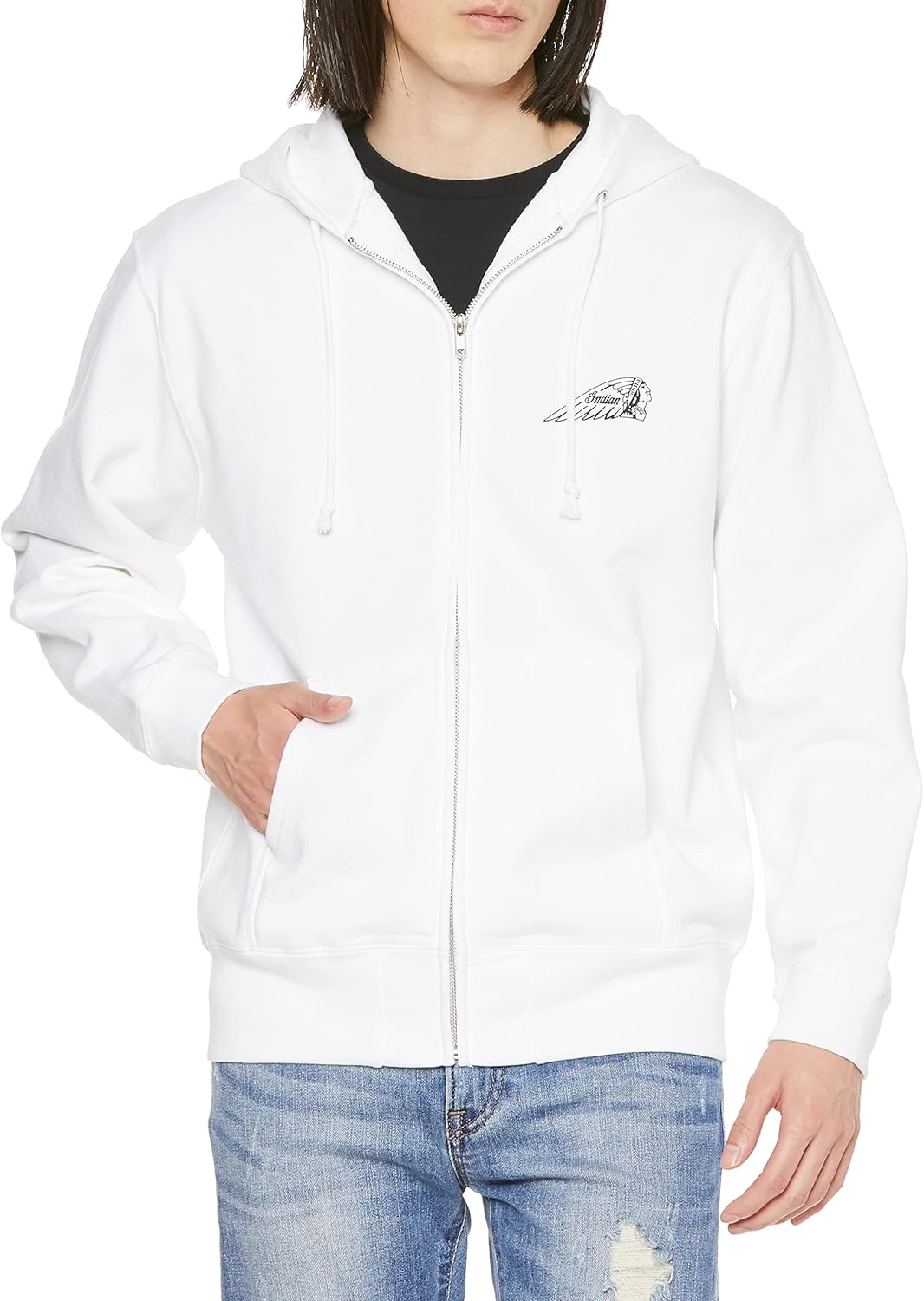 

Индийская толстовка с капюшоном на молнии (США-Япония) с резиновым принтом Indian, белый
