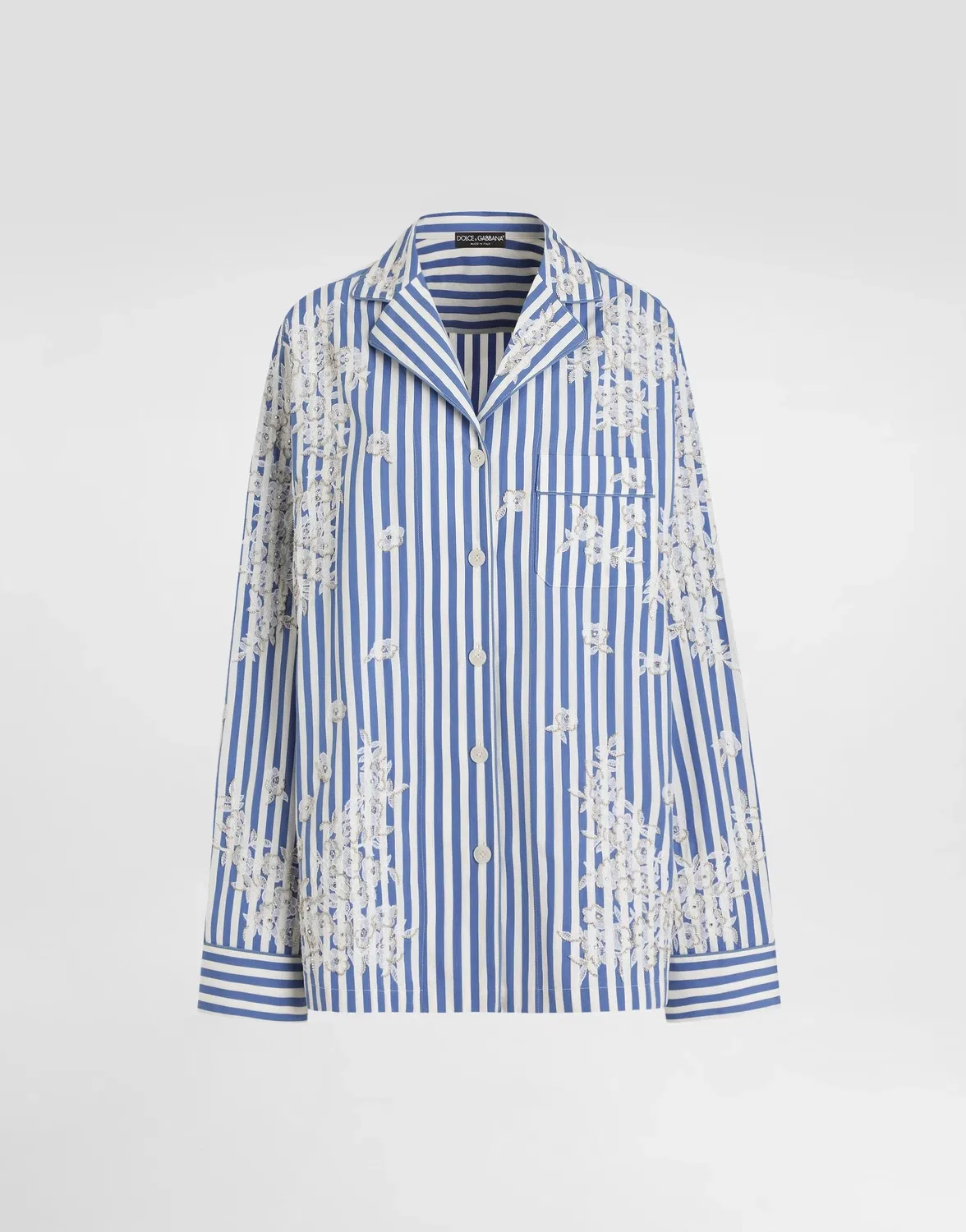Хлопковая рубашка с вышивкой из цветов и кружева DOLCE & GABBANA, синий