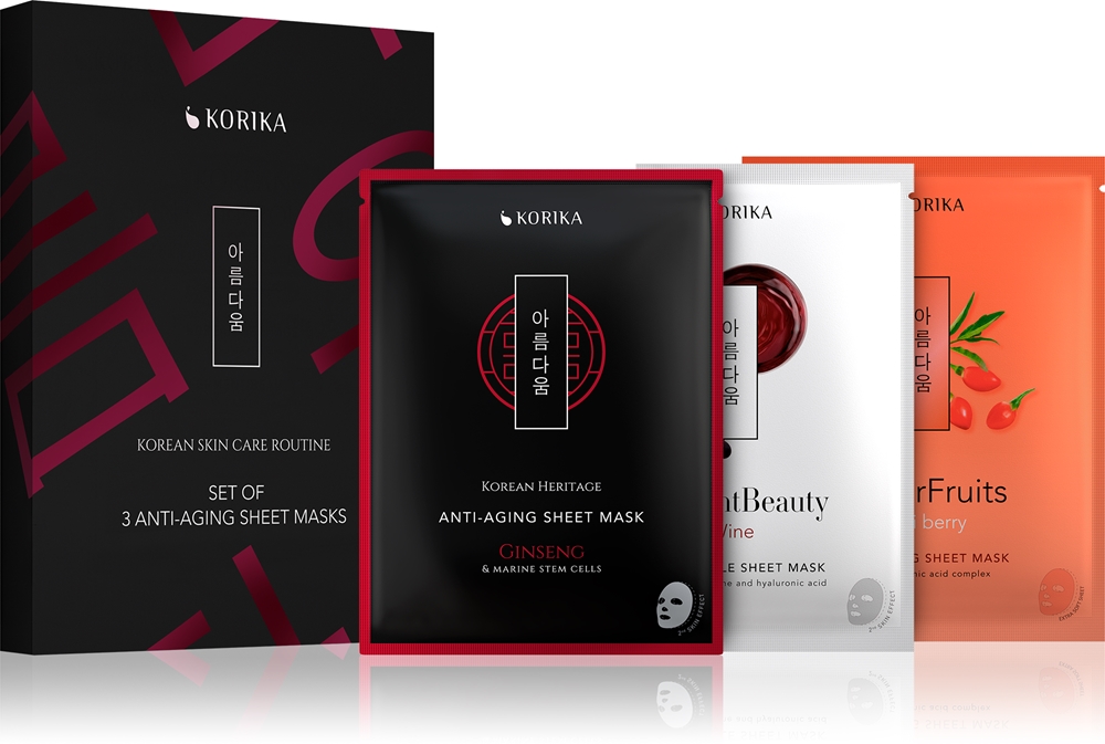 

Корейский набор для ухода за кожей из 3 антивозрастных тканевых масок и против морщин Korika