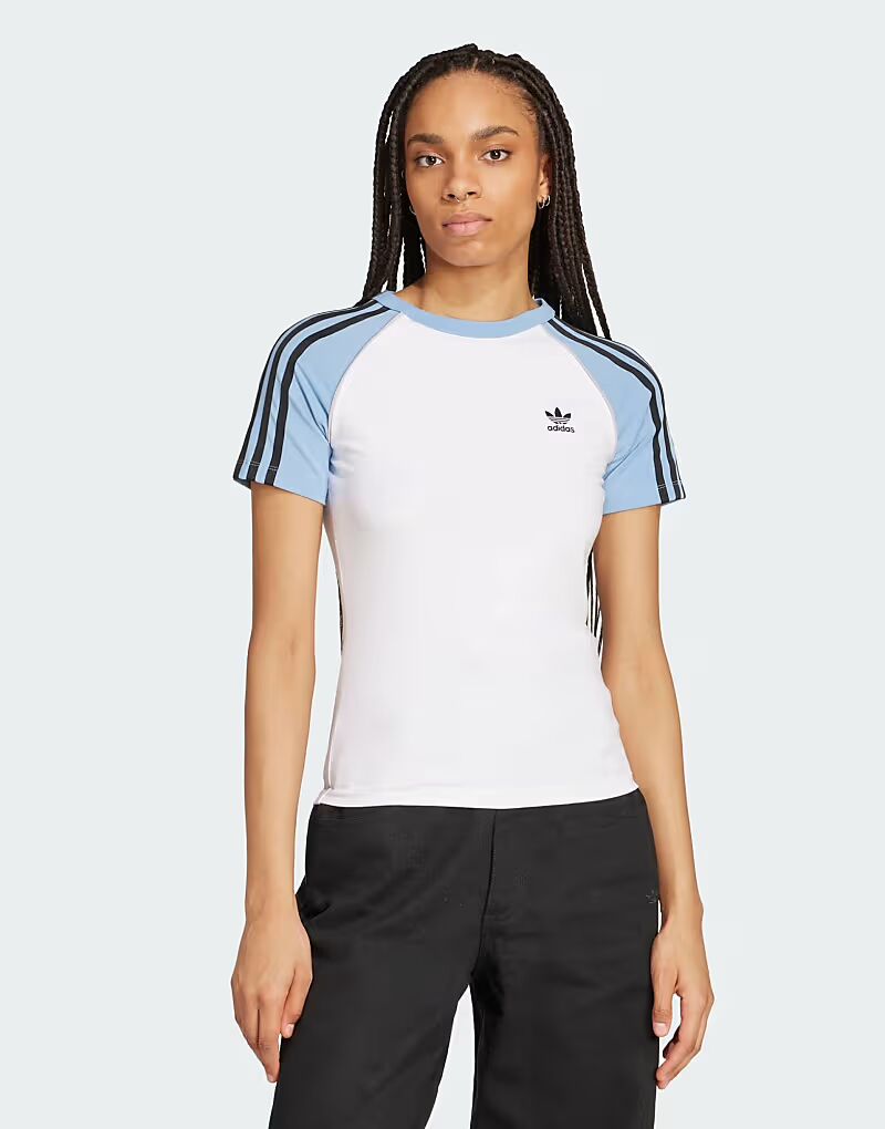 

Футболка Adidas Originals Adicolor с тремя полосками и регланами, тонкая, белого/пепельно-синего цвета
